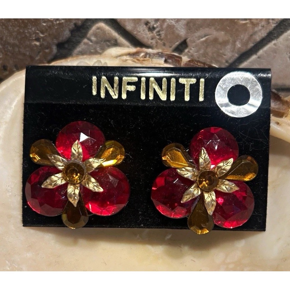 Infiniti Red Crystal Flower Clip-On Stud Earrings Gold Tone Metal ~Original Card